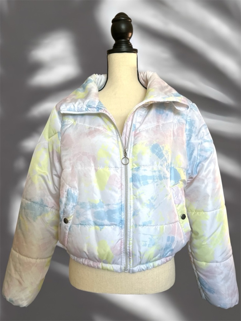 OUTER EDGE Pastel Tie-Dye Puffer Jacket in Blue, Yellow, Pink